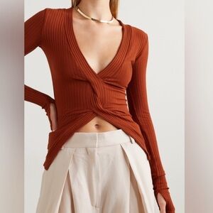ALIX NYC Inez cropped twist-front ribbed stretch jersey top Brick